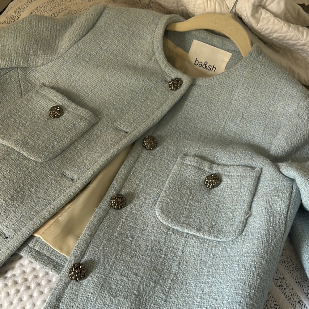 ba&sh Sky Blue Tweed Jacket with Embellished Buttons